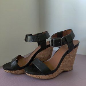 Calvin Klein Leather Platform Wedge Sandals - Black